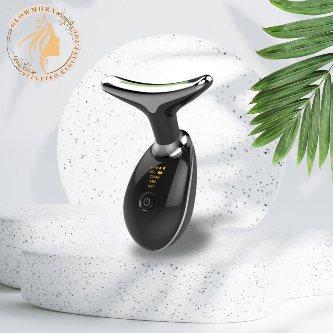 Black and silver skincare device on a white background with green leaves