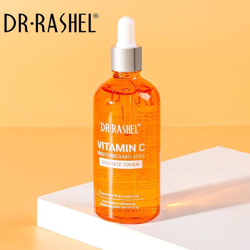 DR RASHEL Vitamin C essence toner bottle on a yellow background